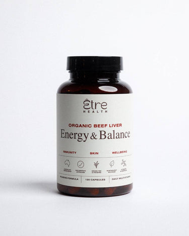 Bottle of 'Energy & Balance' organic beef liver supplement by etre health on a white background
